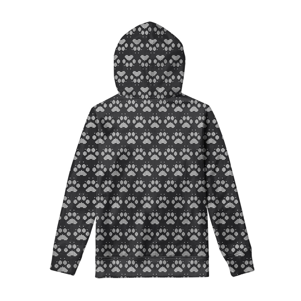 Grey And White Paw Knitted Pattern Print Pullover Hoodie