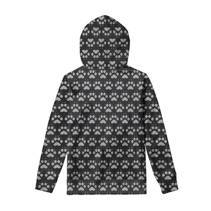 Grey And White Paw Knitted Pattern Print Pullover Hoodie