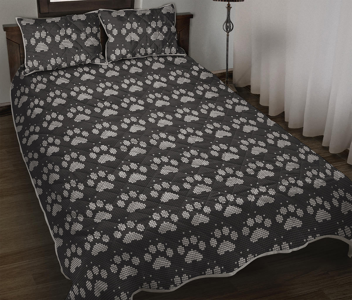 Grey And White Paw Knitted Pattern Print Quilt Bed Set