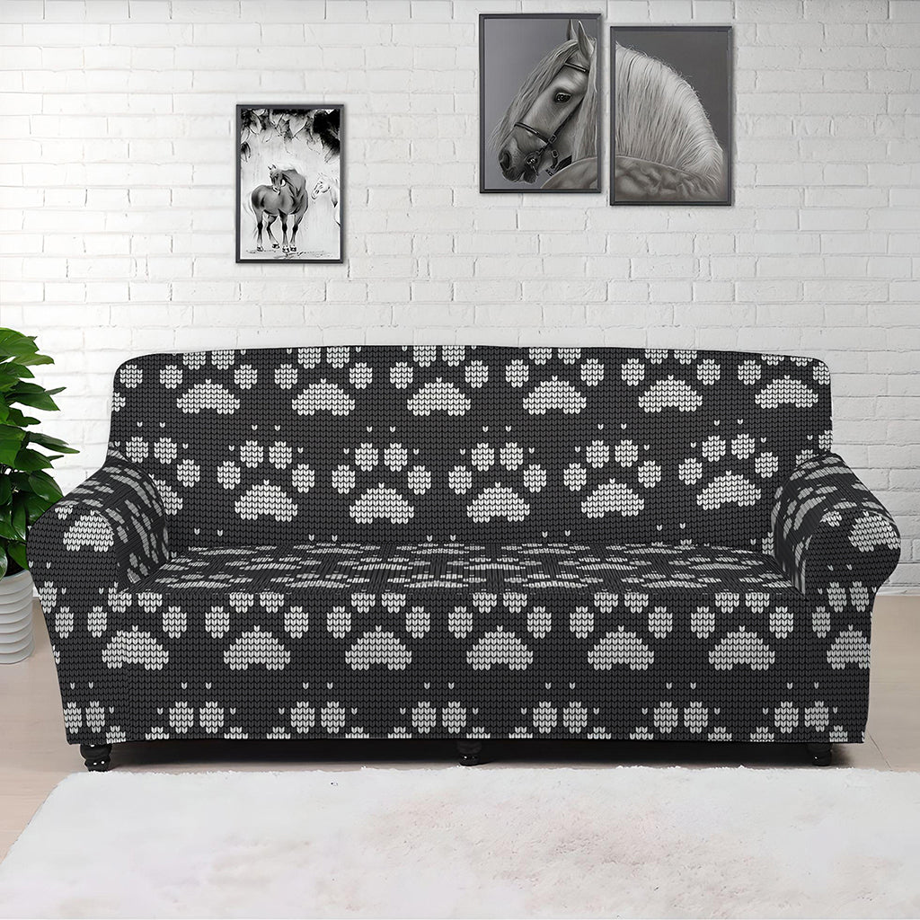Grey And White Paw Knitted Pattern Print Sofa Cover