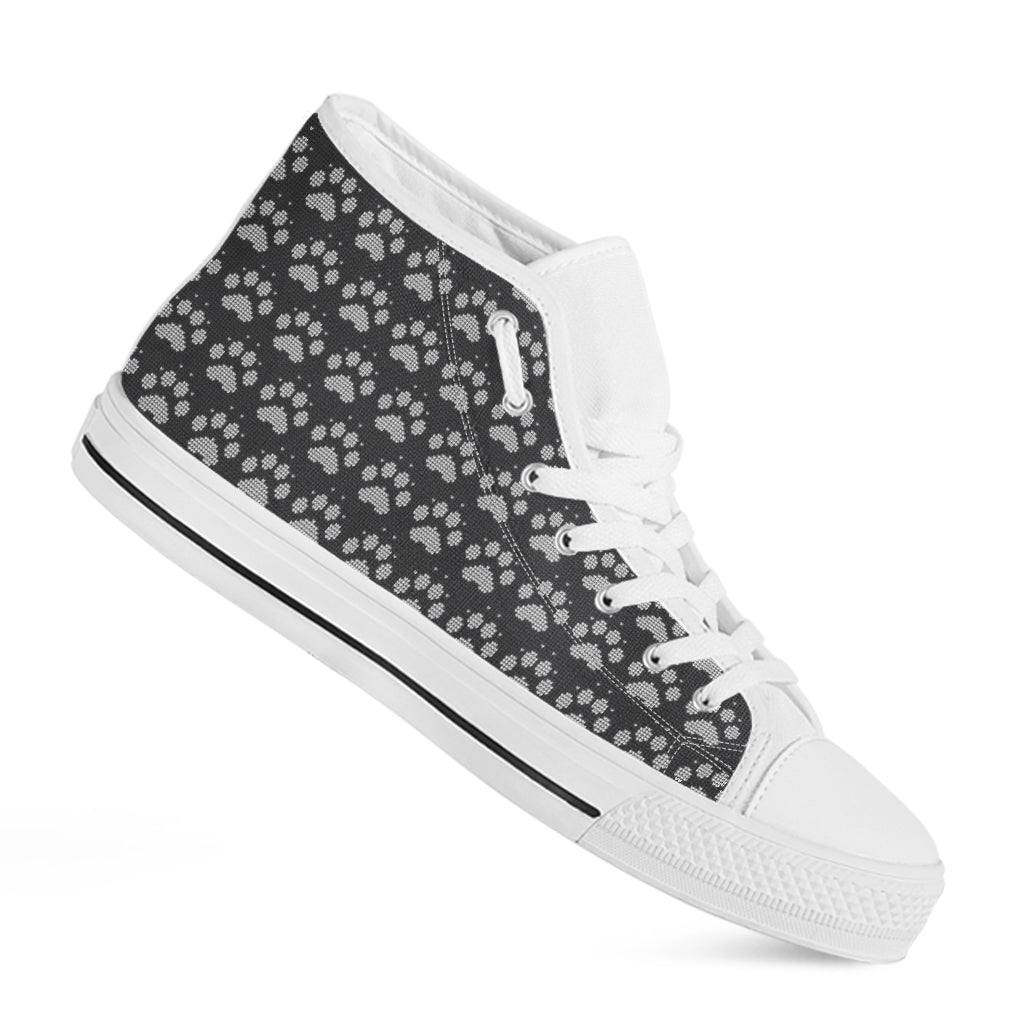 Grey And White Paw Knitted Pattern Print White High Top Shoes