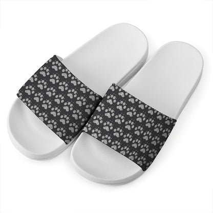 Grey And White Paw Knitted Pattern Print White Slide Sandals