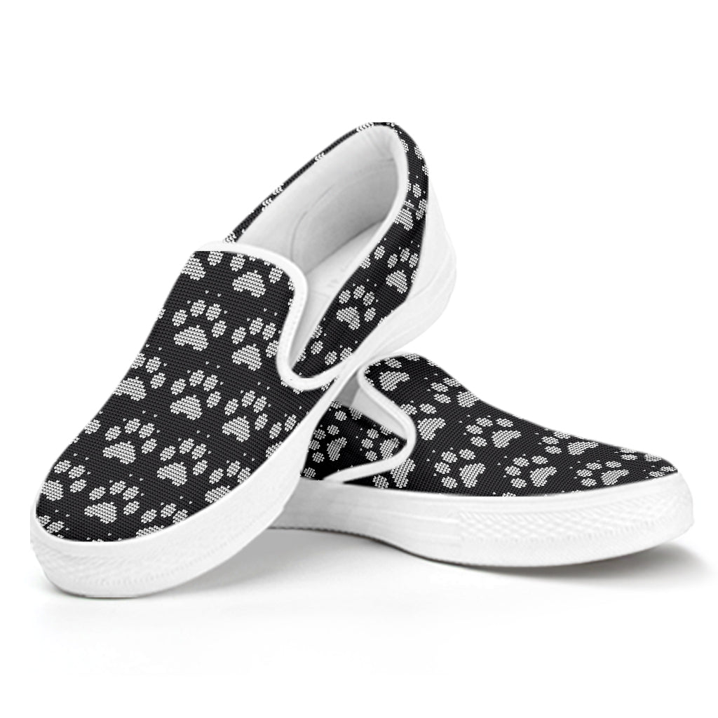 Grey And White Paw Knitted Pattern Print White Slip On Shoes