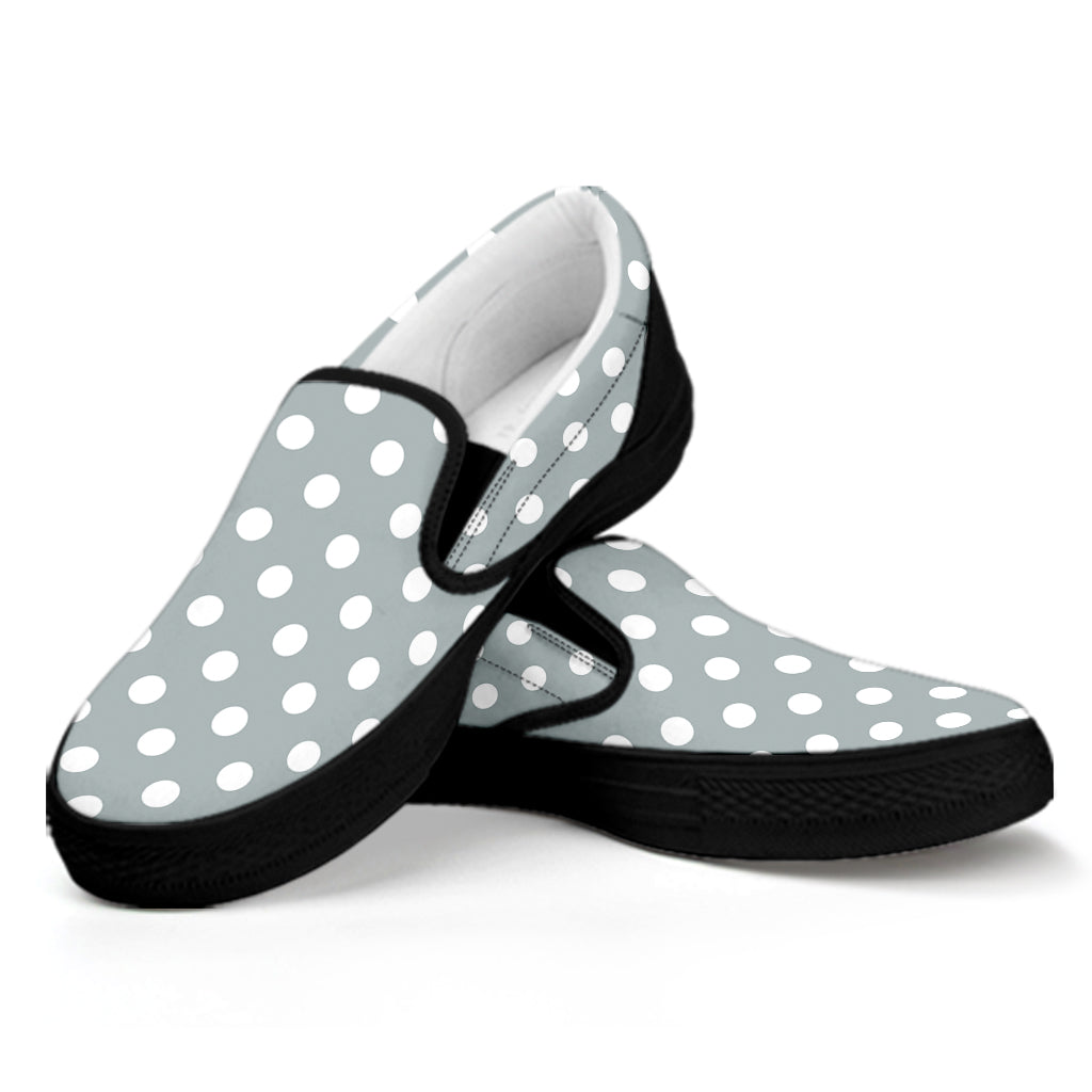 Grey And White Polka Dot Pattern Print Black Slip On Shoes