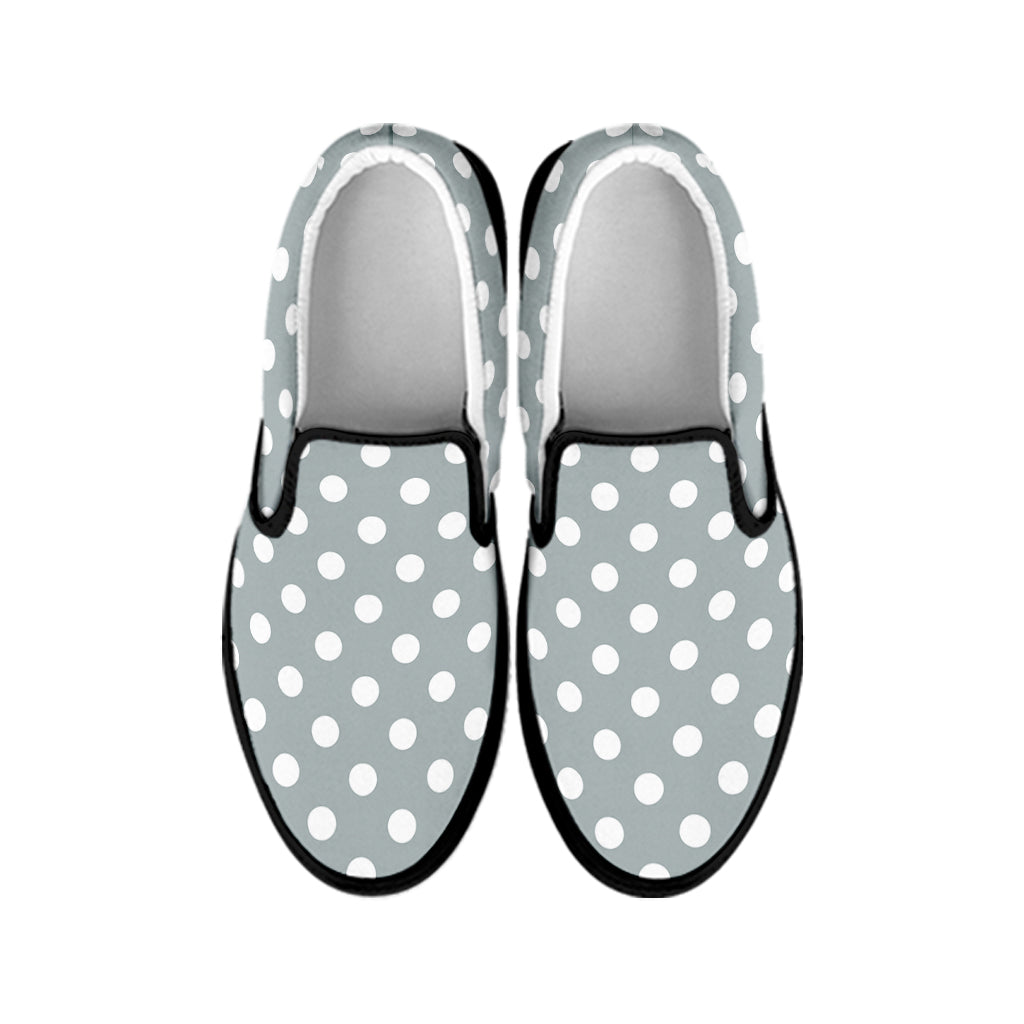 Grey And White Polka Dot Pattern Print Black Slip On Shoes
