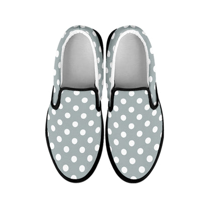 Grey And White Polka Dot Pattern Print Black Slip On Shoes