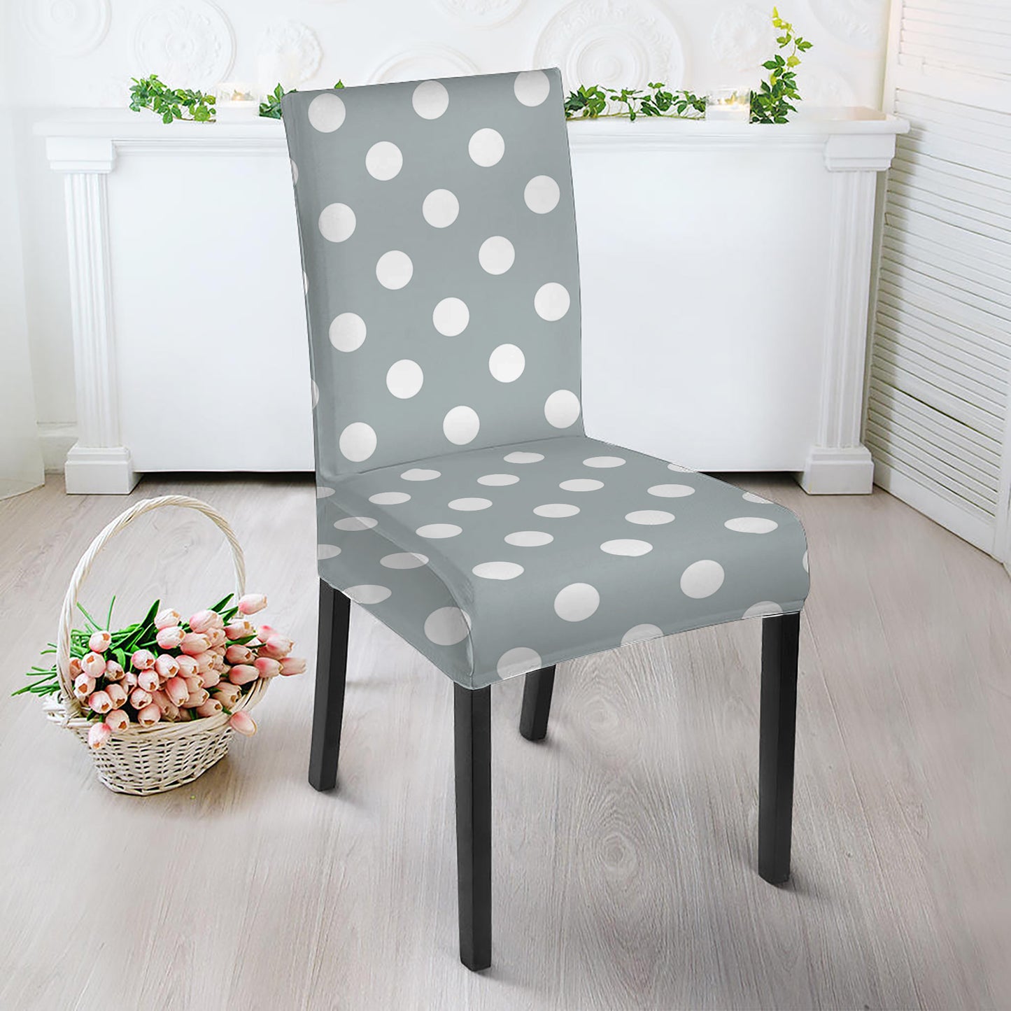 Grey And White Polka Dot Pattern Print Dining Chair Slipcover