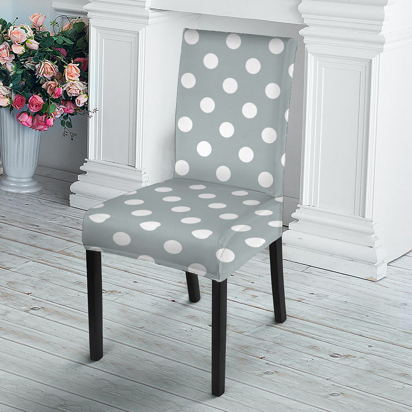 Grey And White Polka Dot Pattern Print Dining Chair Slipcover