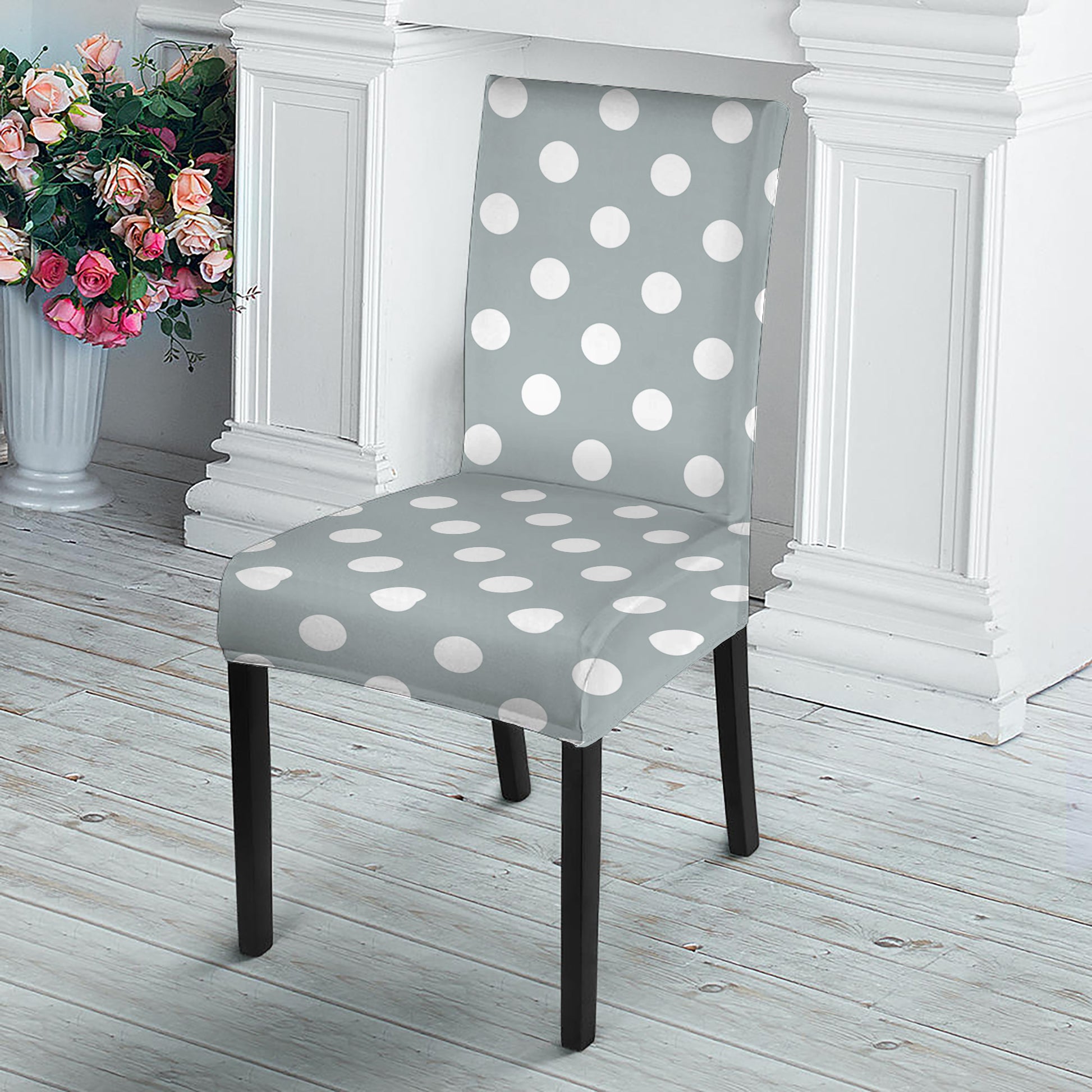 Grey And White Polka Dot Pattern Print Dining Chair Slipcover