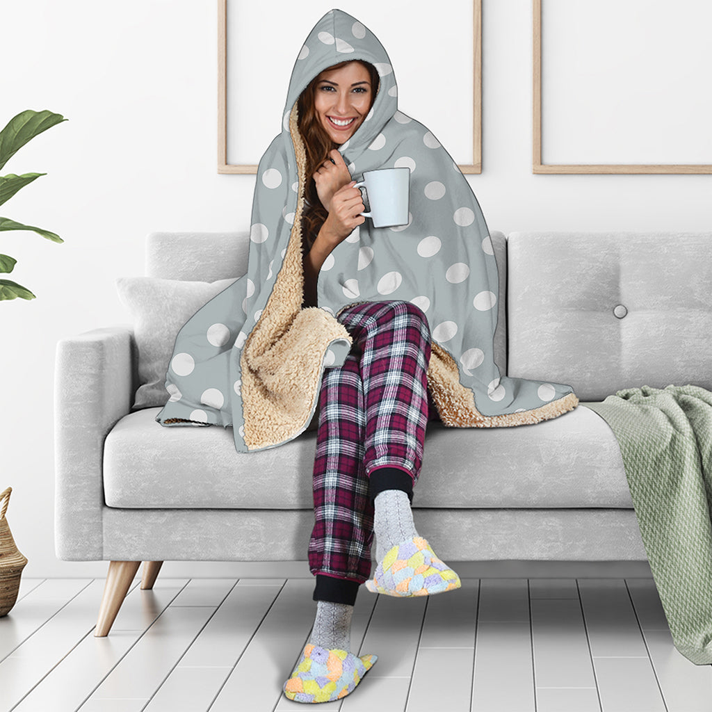 Grey And White Polka Dot Pattern Print Hooded Blanket