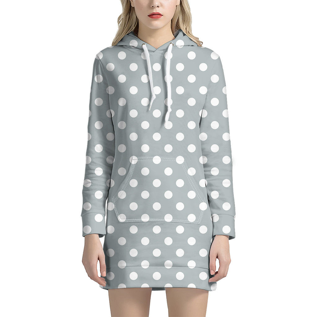 Grey And White Polka Dot Pattern Print Hoodie Dress