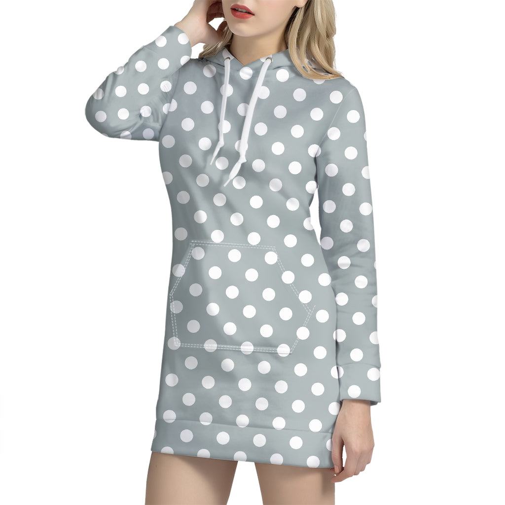 Grey And White Polka Dot Pattern Print Hoodie Dress