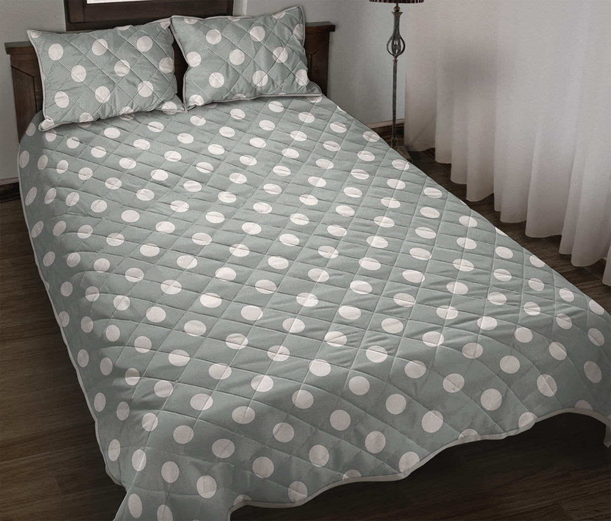 Grey And White Polka Dot Pattern Print Quilt Bed Set