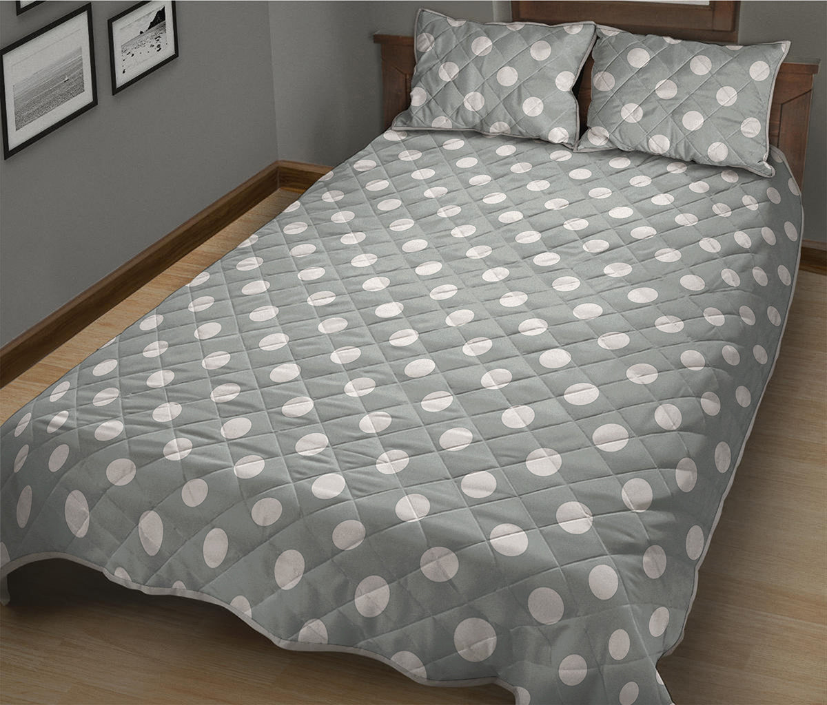 Grey And White Polka Dot Pattern Print Quilt Bed Set