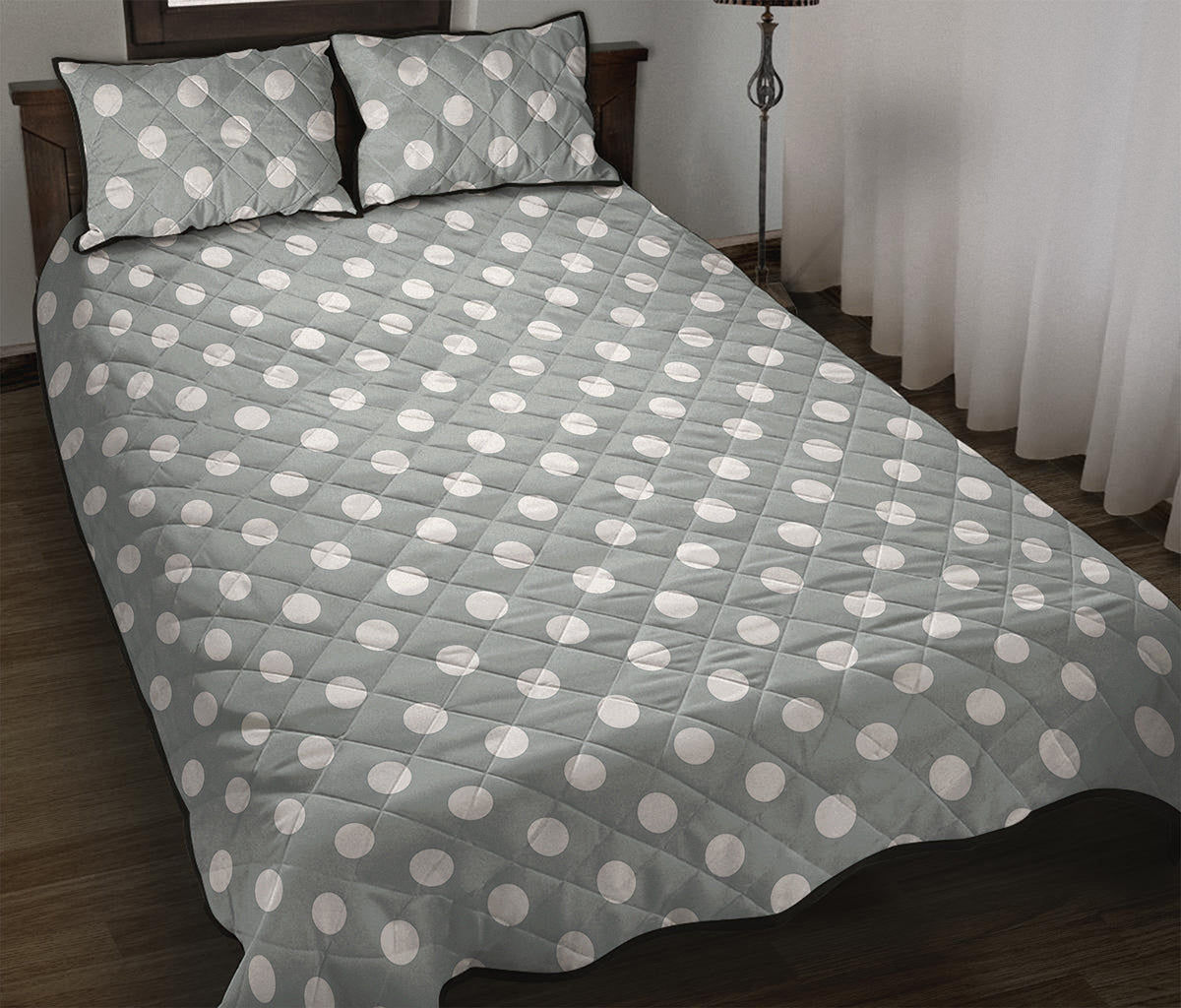 Grey And White Polka Dot Pattern Print Quilt Bed Set