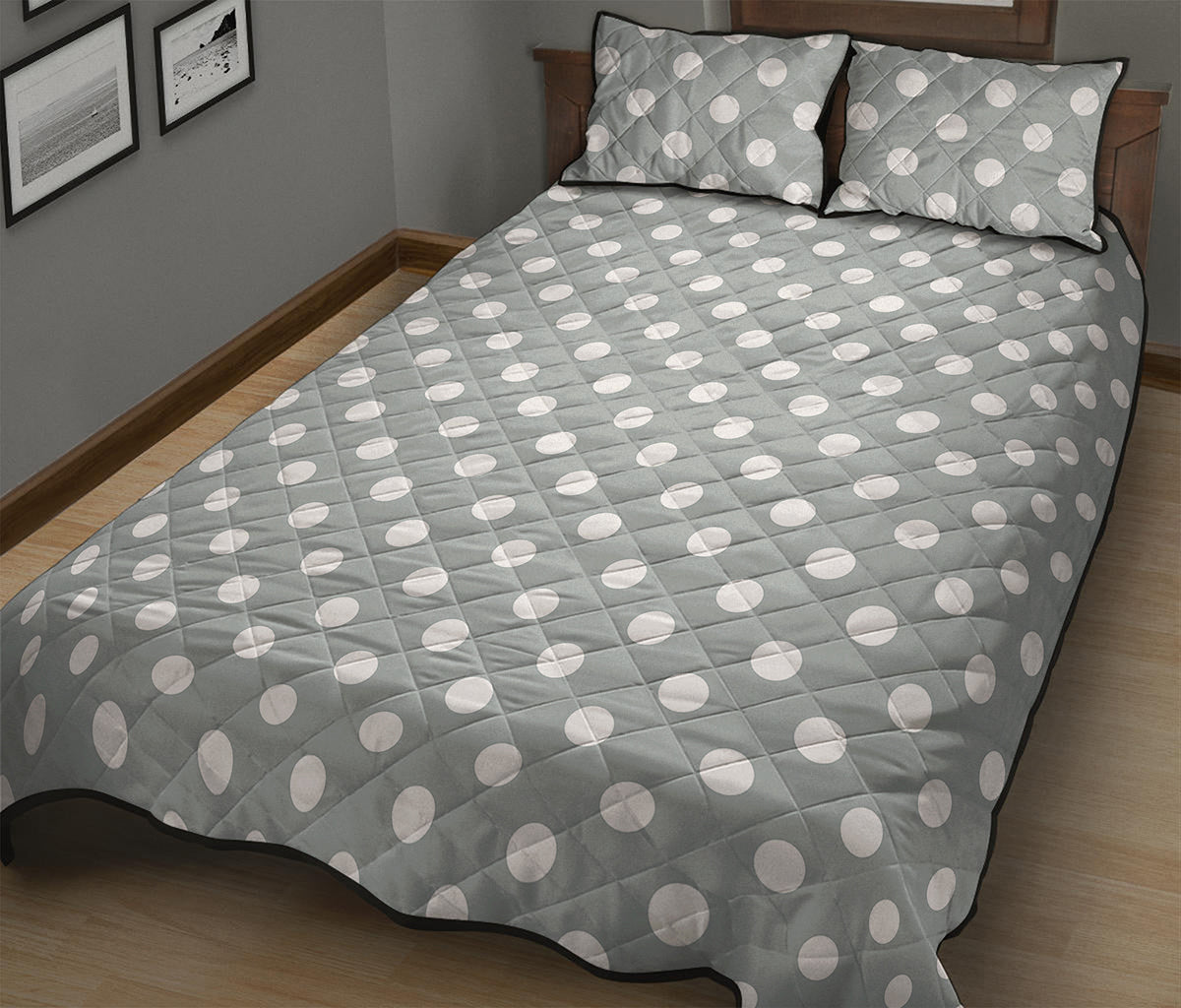 Grey And White Polka Dot Pattern Print Quilt Bed Set