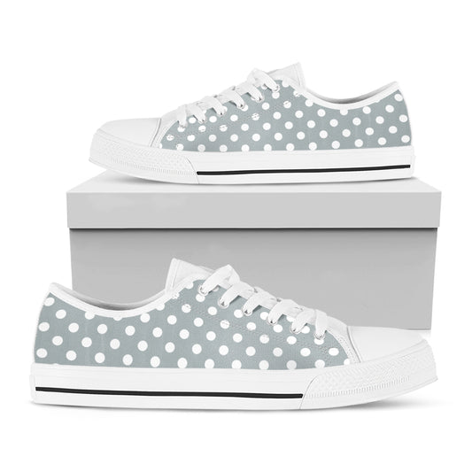 Grey And White Polka Dot Pattern Print White Low Top Shoes