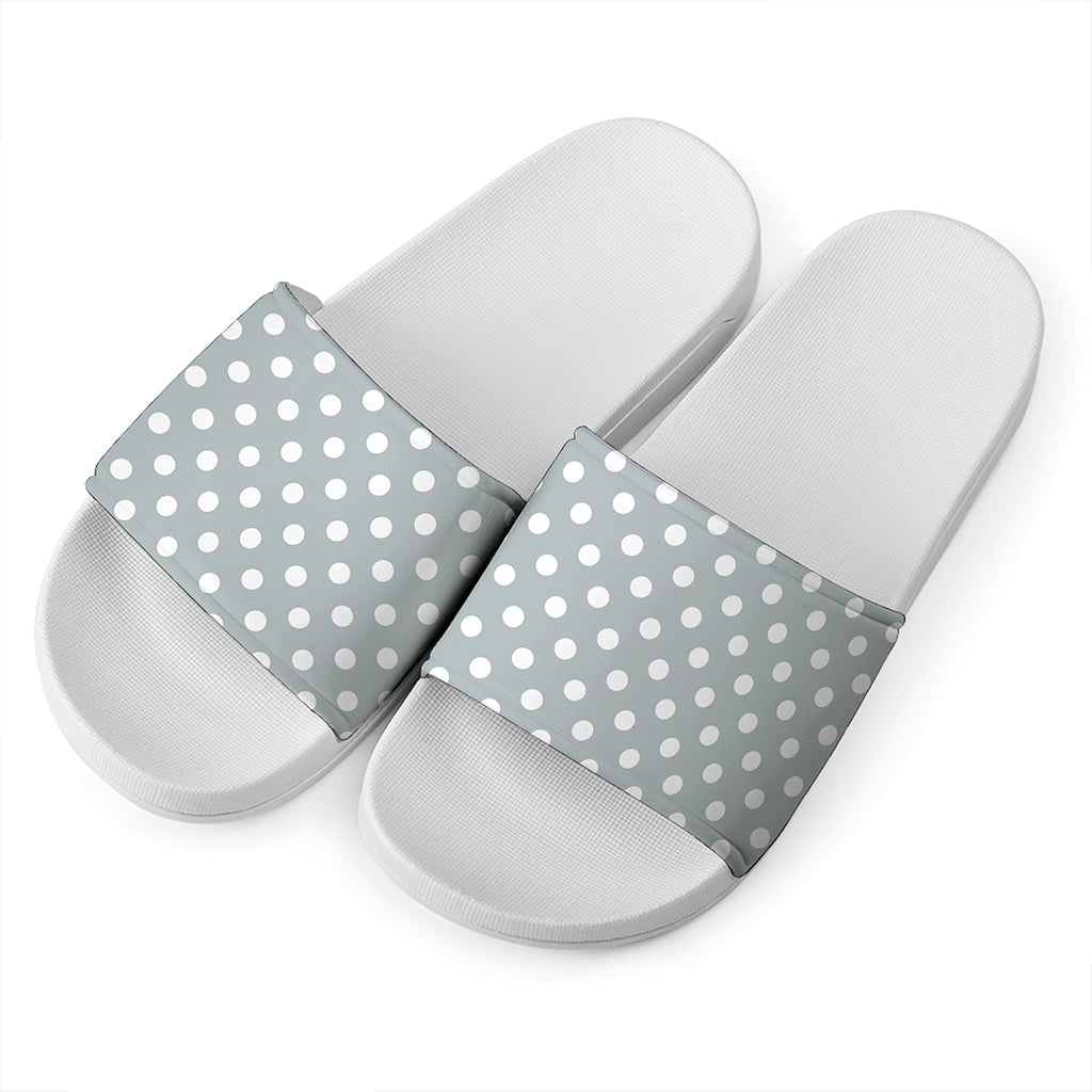 Grey And White Polka Dot Pattern Print White Slide Sandals