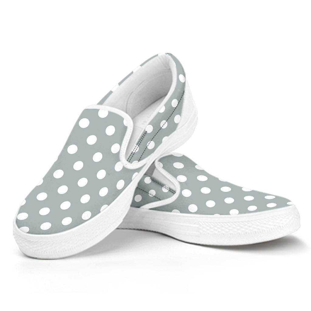 Grey And White Polka Dot Pattern Print White Slip On Shoes