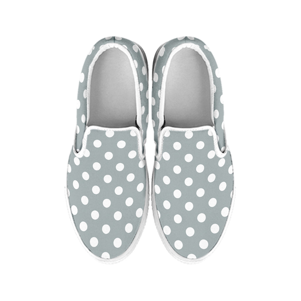 Grey And White Polka Dot Pattern Print White Slip On Shoes