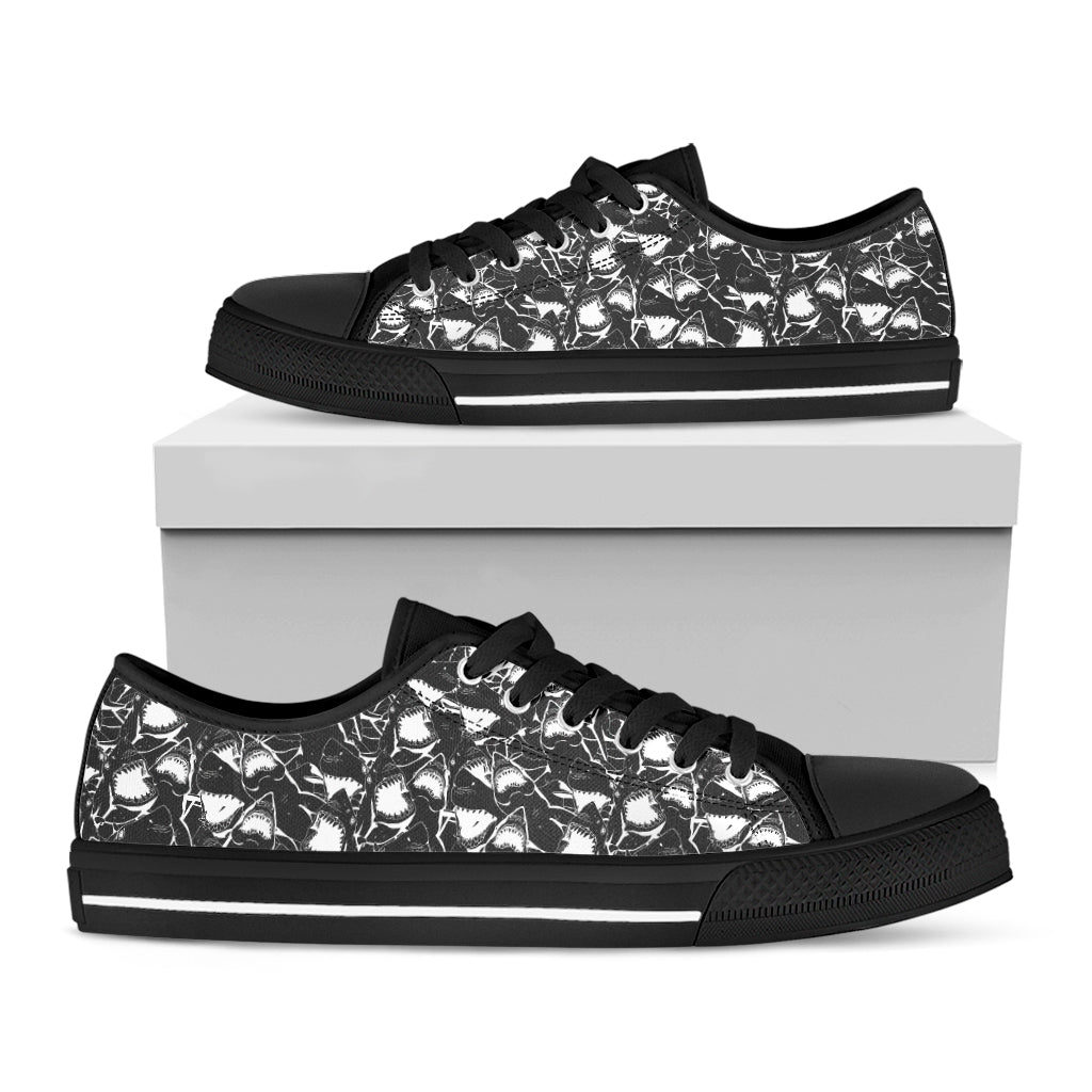 Grey And White Shark Pattern Print Black Low Top Shoes