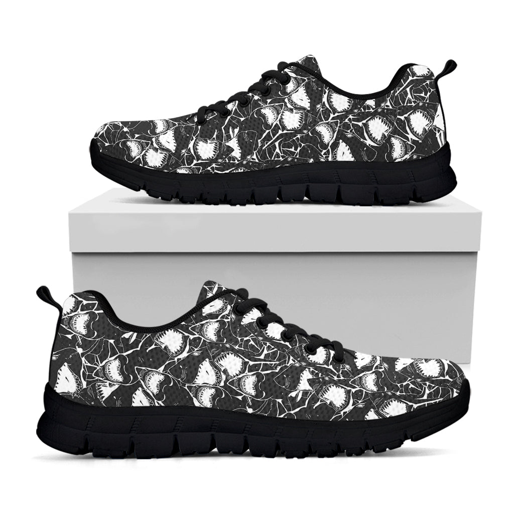 Grey And White Shark Pattern Print Black Sneakers