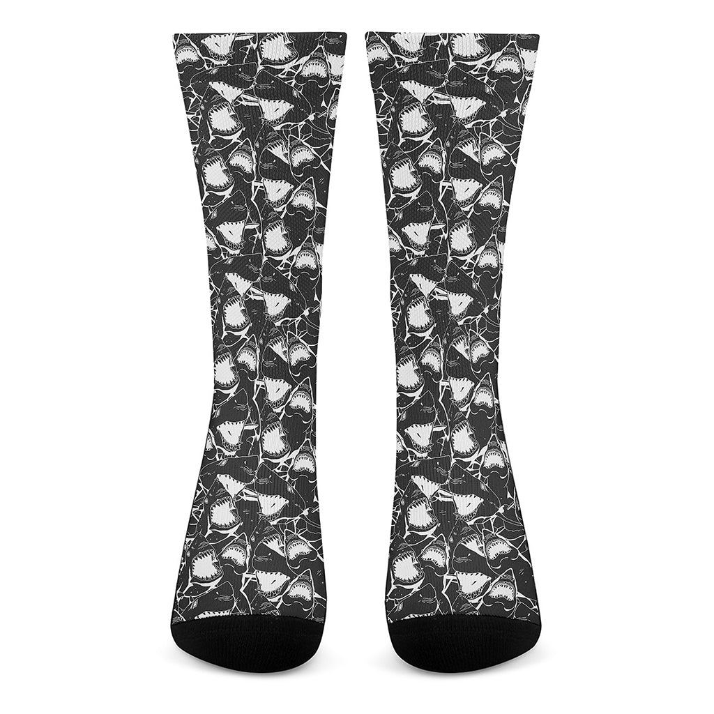 Grey And White Shark Pattern Print Crew Socks