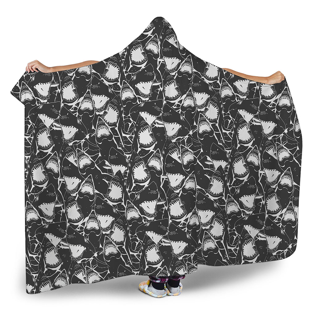 Grey And White Shark Pattern Print Hooded Blanket