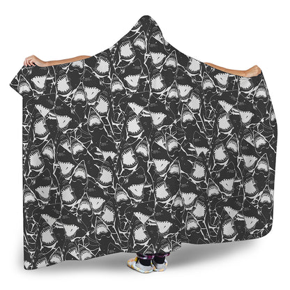 Grey And White Shark Pattern Print Hooded Blanket