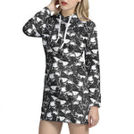 Grey And White Shark Pattern Print Hoodie Dress