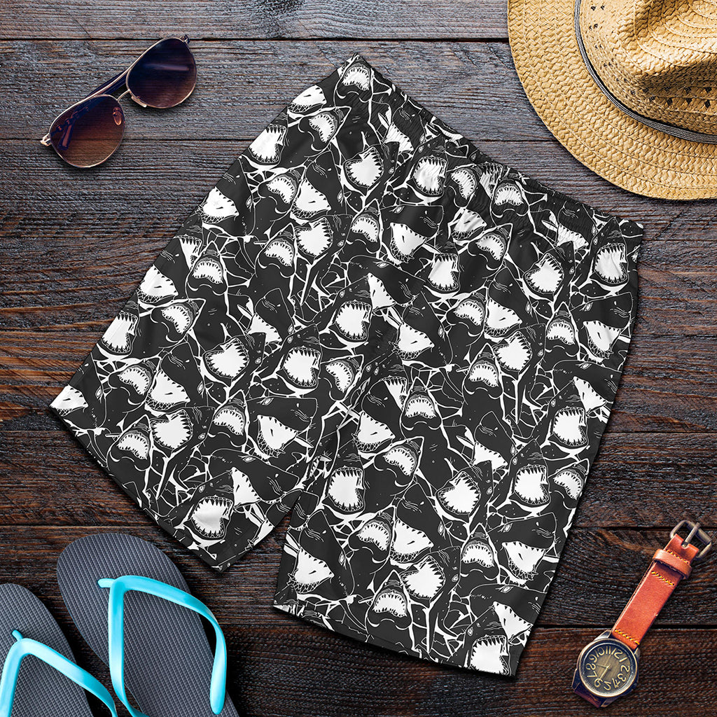 Grey And White Shark Pattern Print Men's Shorts