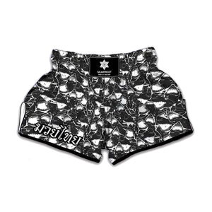 Grey And White Shark Pattern Print Muay Thai Boxing Shorts