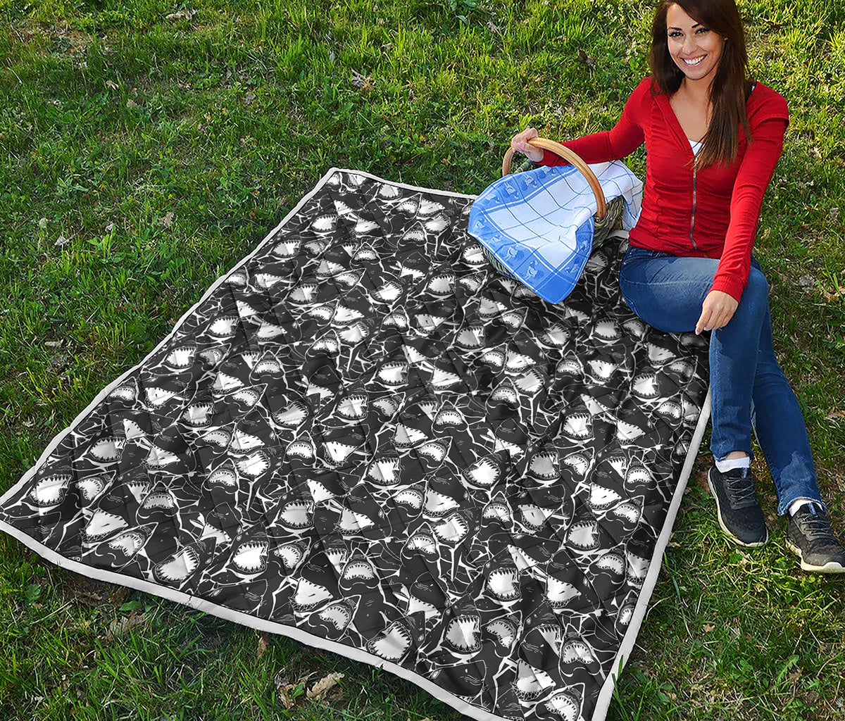 Grey And White Shark Pattern Print Quilt