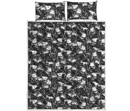 Grey And White Shark Pattern Print Quilt Bed Set