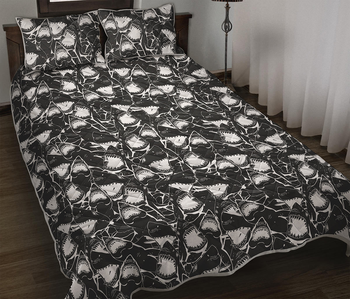 Grey And White Shark Pattern Print Quilt Bed Set