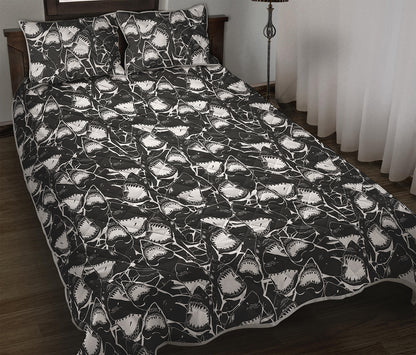 Grey And White Shark Pattern Print Quilt Bed Set