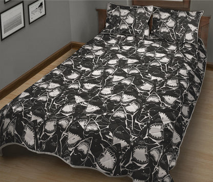 Grey And White Shark Pattern Print Quilt Bed Set