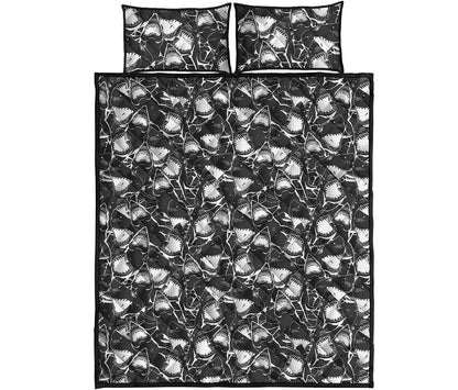 Grey And White Shark Pattern Print Quilt Bed Set