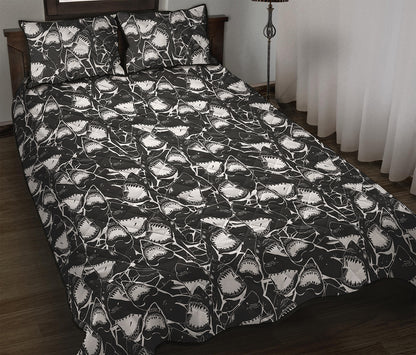 Grey And White Shark Pattern Print Quilt Bed Set