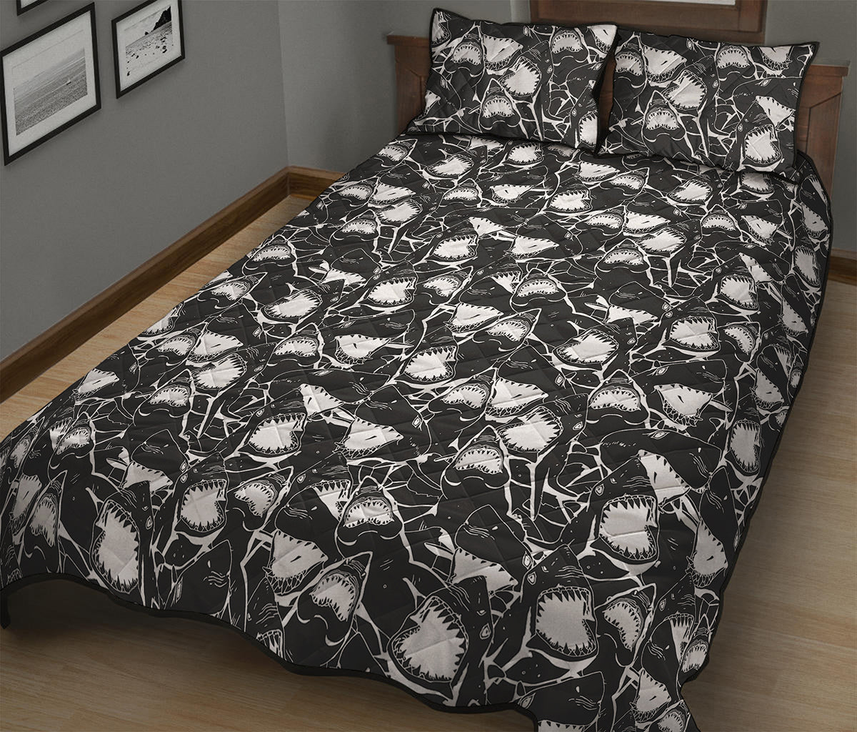 Grey And White Shark Pattern Print Quilt Bed Set