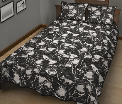 Grey And White Shark Pattern Print Quilt Bed Set
