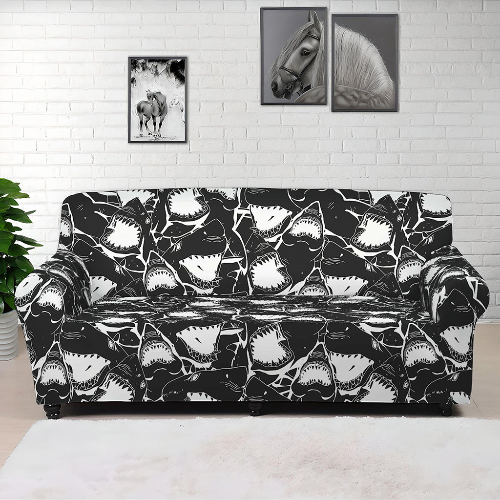 Grey And White Shark Pattern Print Sofa Cover