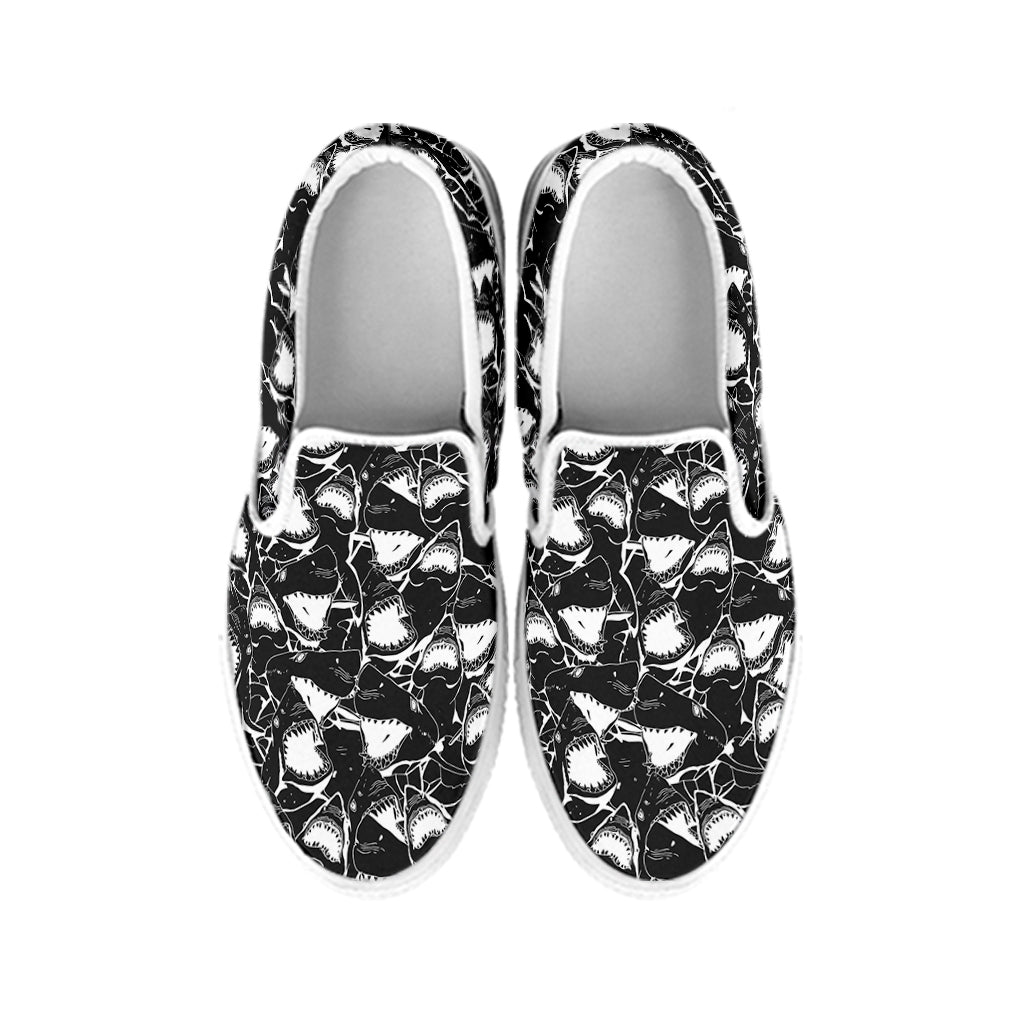 Grey And White Shark Pattern Print White Slip On Shoes