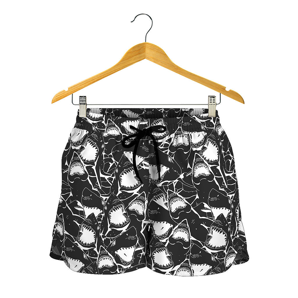 Grey And White Shark Pattern Print Women's Shorts