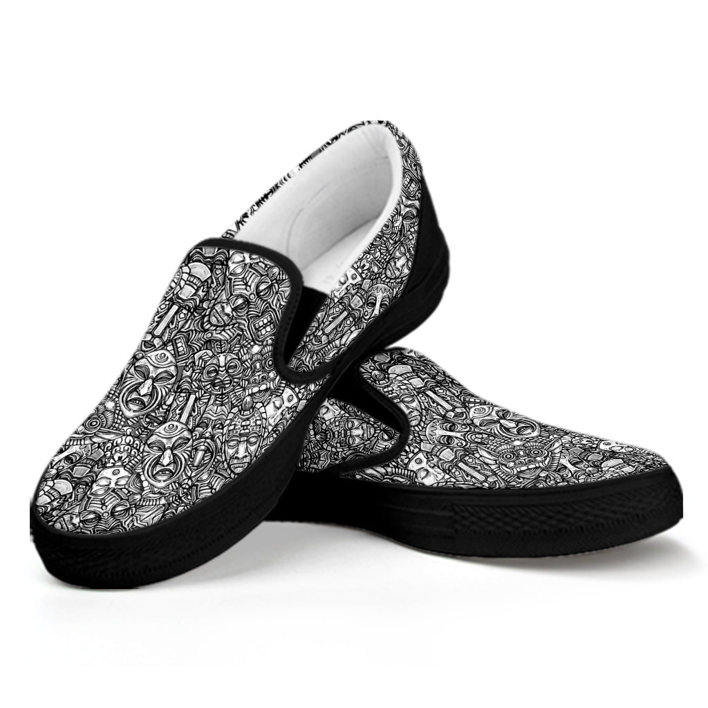 Grey And White Totem Pattern Print Black Slip On Shoes