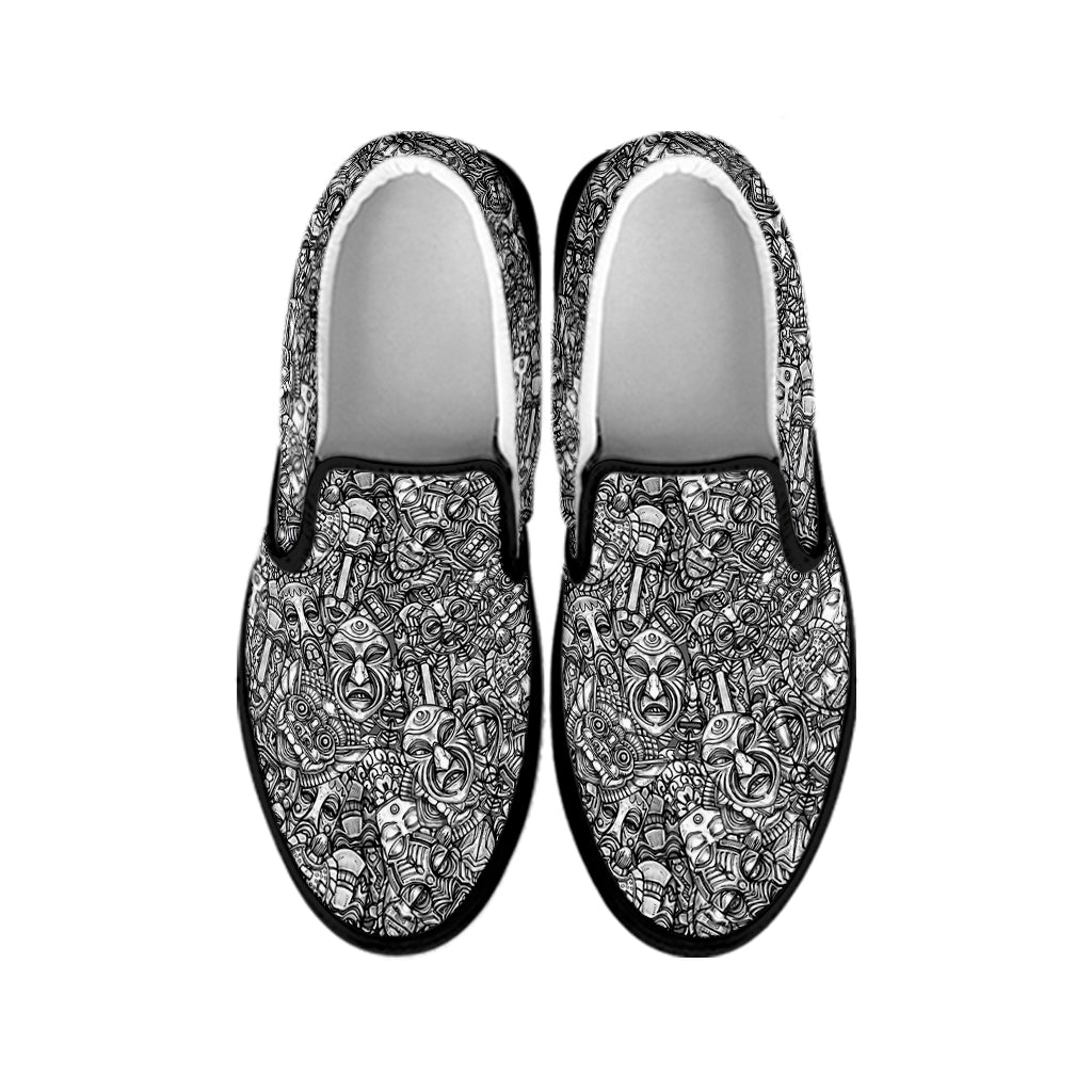 Grey And White Totem Pattern Print Black Slip On Shoes