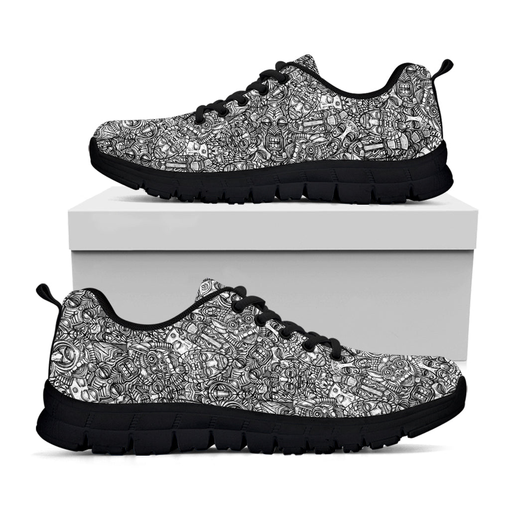 Grey And White Totem Pattern Print Black Sneakers