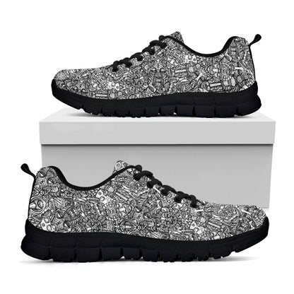 Grey And White Totem Pattern Print Black Sneakers