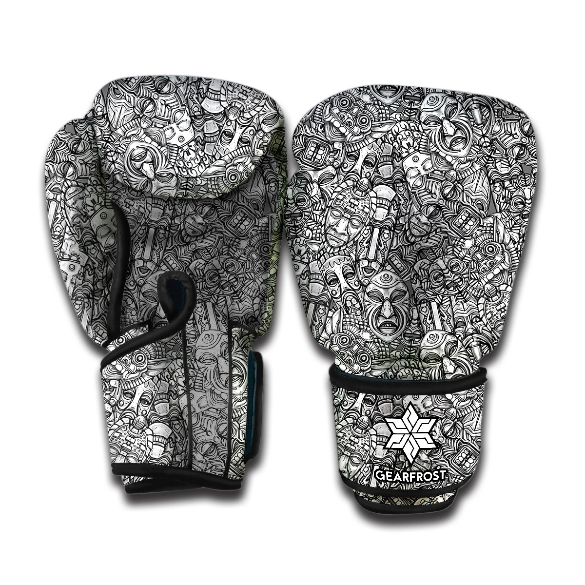 Grey And White Totem Pattern Print Boxing Gloves