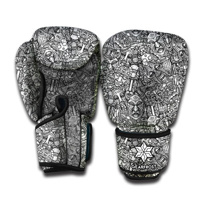 Grey And White Totem Pattern Print Boxing Gloves